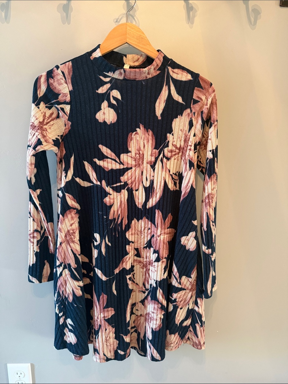 mts Navy Floral Ribbed Long-Sleeve A-Line Dress Size Small